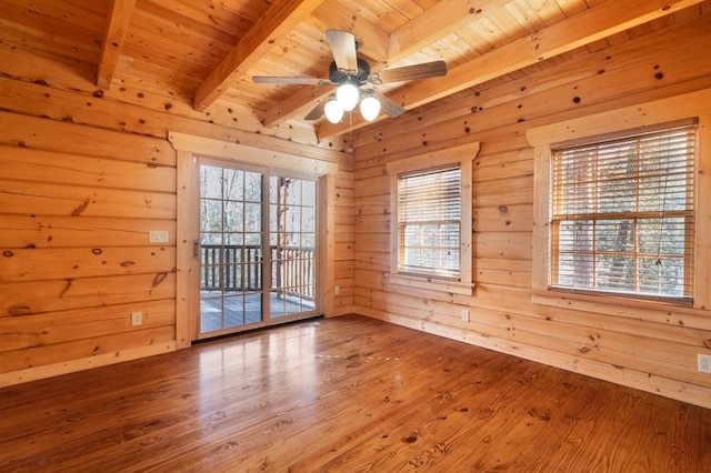 spare room with ceiling fan, hardwood / wood-style floors, wooden ceiling, beamed ceiling, and wood walls