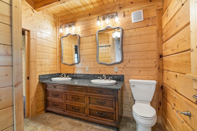 bathroom with vanity, wood ceiling, wooden walls, and toilet