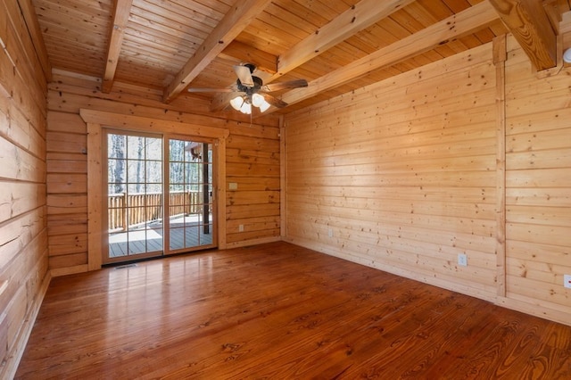 unfurnished room featuring beamed ceiling, wood ceiling, hardwood / wood-style floors, and wood walls