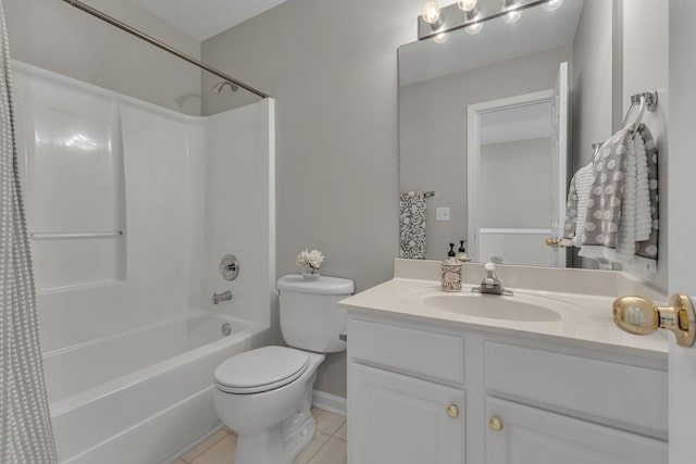 full bathroom featuring vanity, tile patterned flooring, toilet, and shower / bathtub combination with curtain