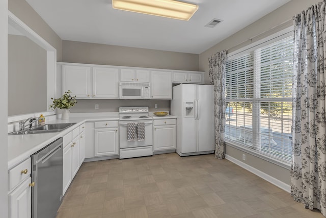 kitchen with white cabinets, sink, and white appliances