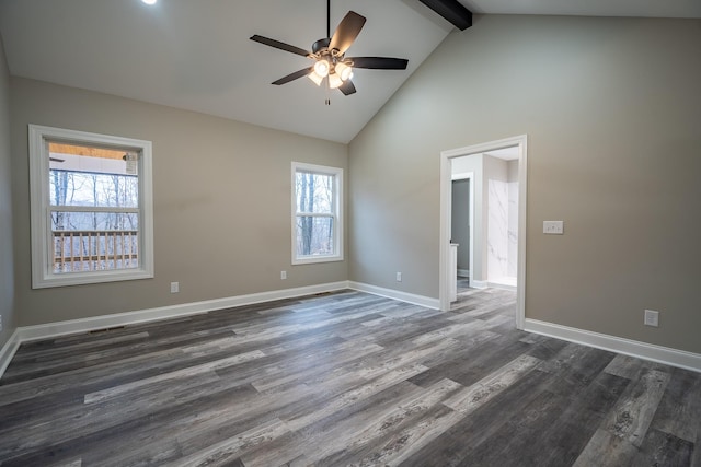 unfurnished room with baseboards, beam ceiling, dark wood-style floors, high vaulted ceiling, and a ceiling fan