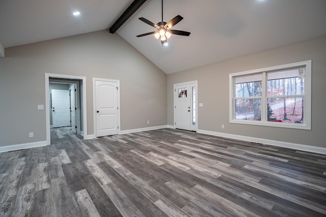 unfurnished living room with beamed ceiling, baseboards, dark wood-style flooring, and high vaulted ceiling