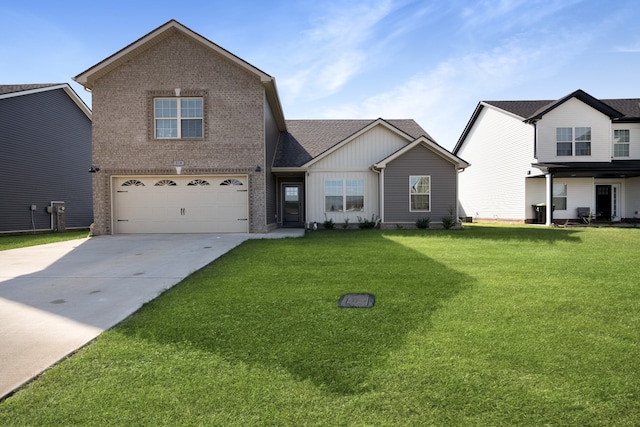 view of property with a front lawn and a garage