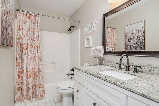 bathroom featuring marble finish floor, vanity, toilet, and shower / bathtub combination with curtain
