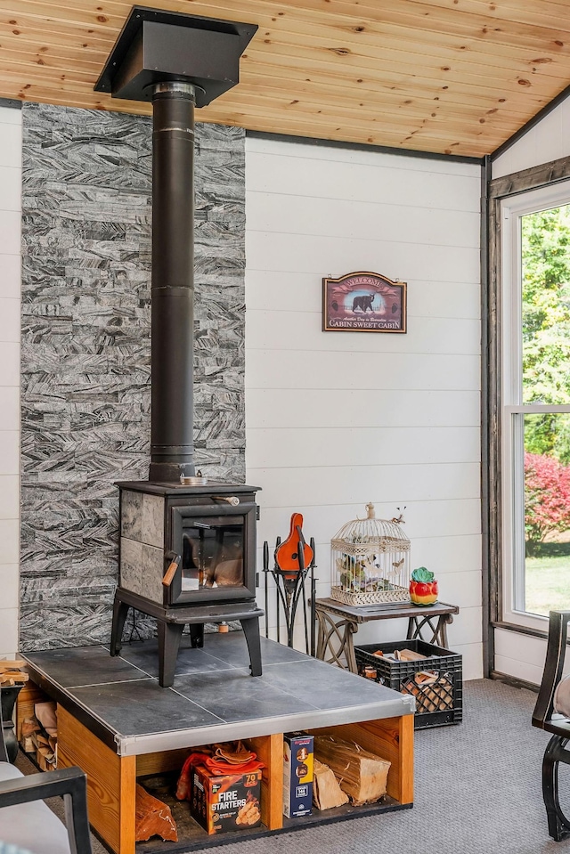 details featuring wood ceiling, carpet floors, wood walls, and a wood stove