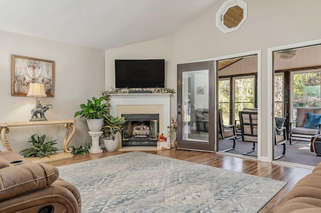 living area featuring vaulted ceiling, a fireplace with raised hearth, and wood finished floors