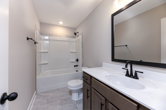 full bathroom featuring vanity, toilet, and washtub / shower combination