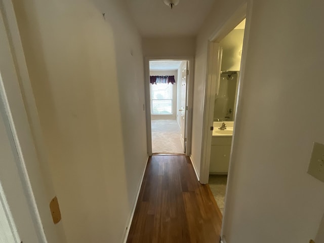 corridor featuring dark wood-type flooring and sink