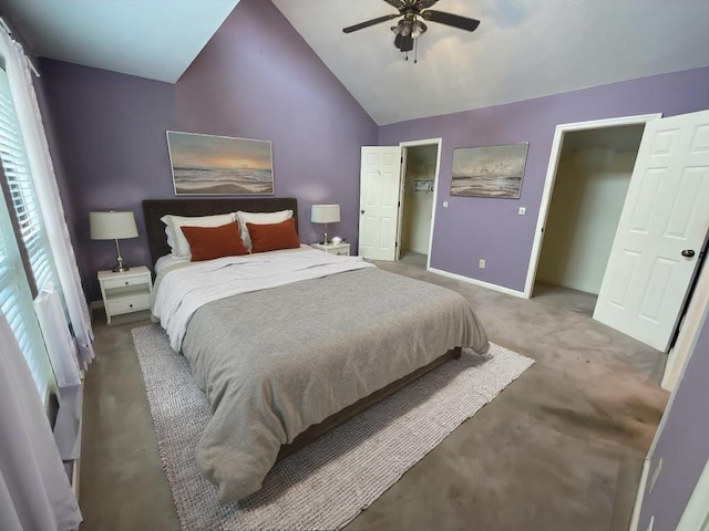 bedroom with ceiling fan and lofted ceiling