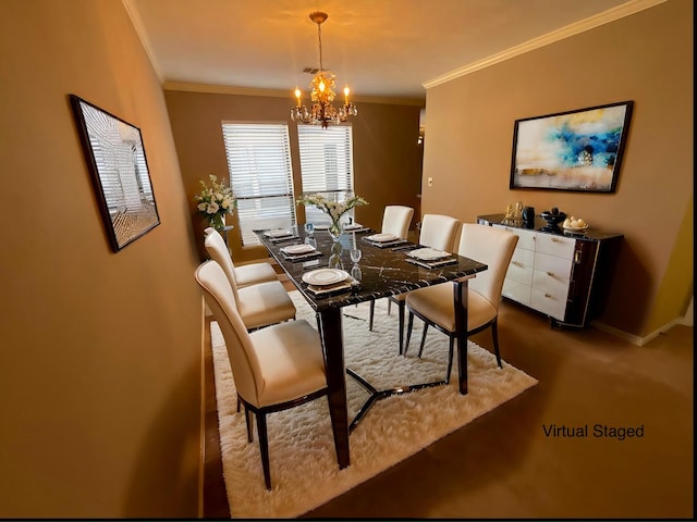 carpeted dining room with ornamental molding and a chandelier