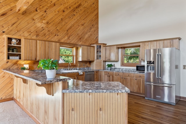 kitchen featuring a wealth of natural light, appliances with stainless steel finishes, kitchen peninsula, and wood walls