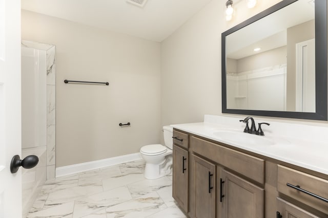 full bathroom with visible vents, baseboards, toilet, marble finish floor, and vanity