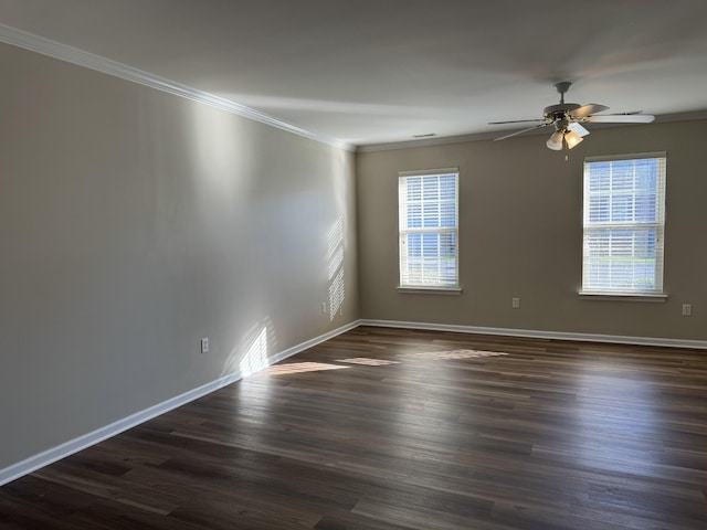 spare room featuring ornamental molding, ceiling fan, baseboards, and a healthy amount of sunlight