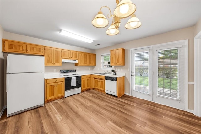 105 Middleton Ct, Tullahoma, TN 37388 - kitchen featuring white appliances, light wood-style floors, light countertops, under cabinet range hood, and a sink