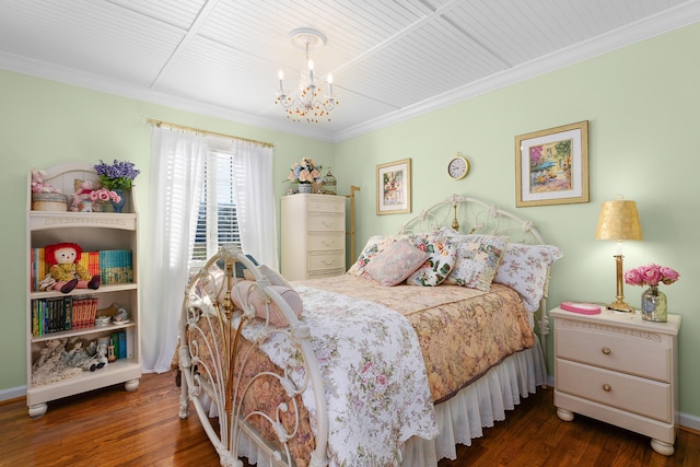 bedroom with crown molding, wood ceiling, a chandelier, and dark hardwood / wood-style floors