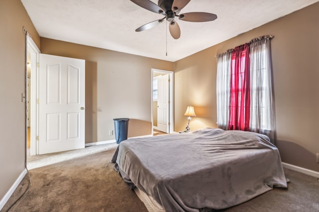 bedroom with light carpet and ceiling fan