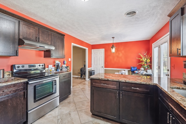 kitchen featuring light stone counters, electric range, dark brown cabinets, and decorative light fixtures