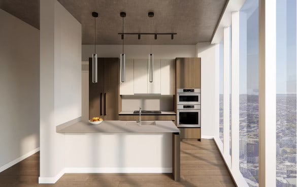 kitchen with a healthy amount of sunlight, decorative light fixtures, dark wood-type flooring, and stainless steel double oven