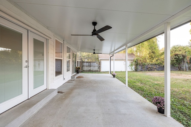 view of patio / terrace featuring french doors and ceiling fan