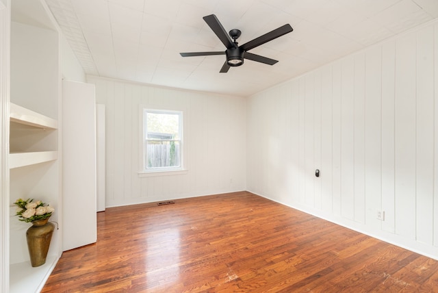 spare room featuring hardwood / wood-style flooring, wooden walls, and ceiling fan