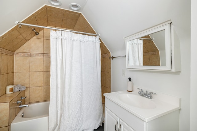 bathroom with vanity and shower / bath combo with shower curtain