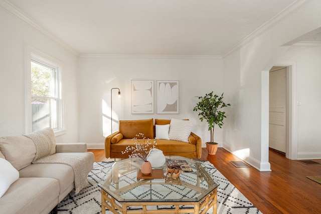 living room featuring ornamental molding and hardwood / wood-style floors