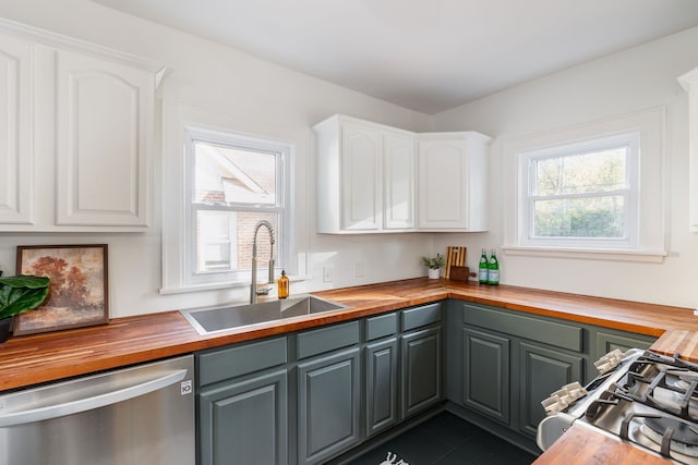 kitchen featuring white cabinets, sink, wood counters, stainless steel appliances, and gray cabinets