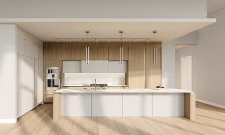 kitchen with light hardwood / wood-style floors, track lighting, and pendant lighting