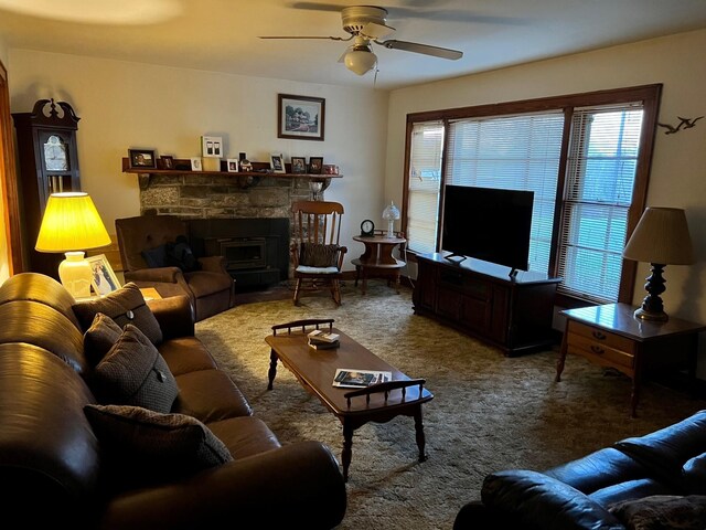 775 Railroad Rd, Wartrace, TN 37183 - living room featuring ceiling fan, a fireplace, and carpet flooring