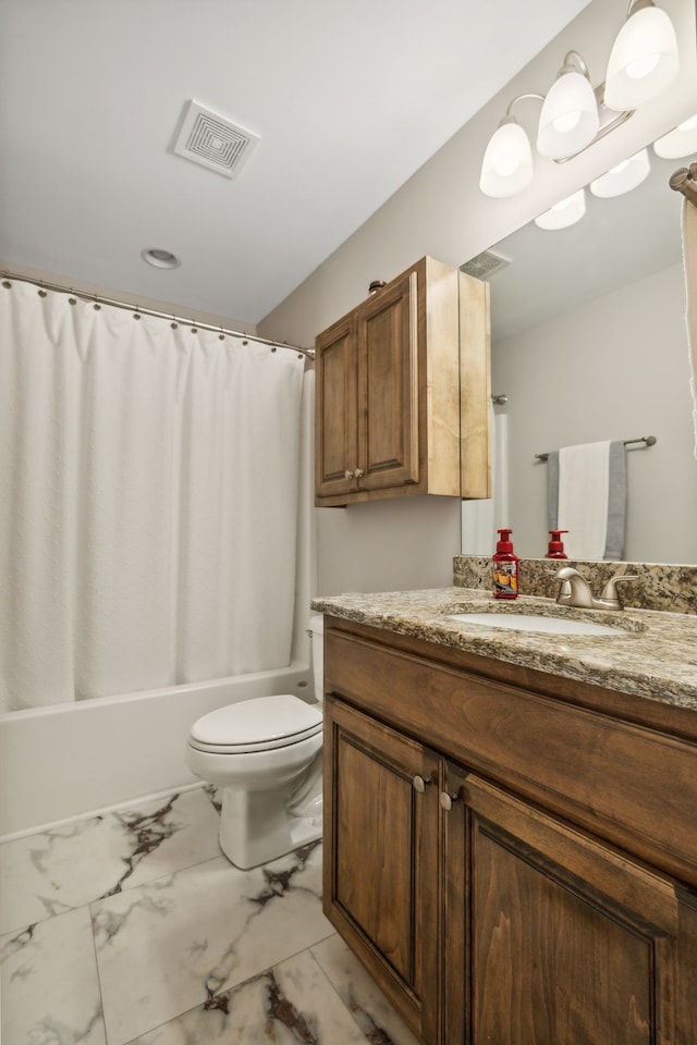 full bathroom with vanity, toilet, and shower / bath combo with shower curtain