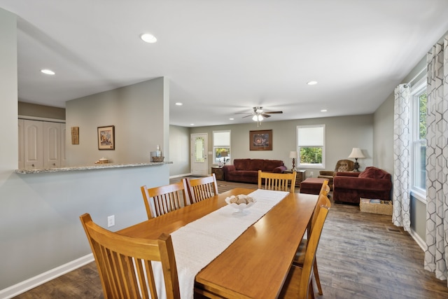 dining area with ceiling fan and dark hardwood / wood-style flooring