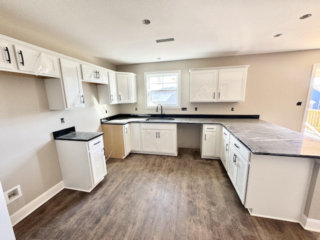 kitchen with dark hardwood / wood-style floors, kitchen peninsula, sink, and white cabinets