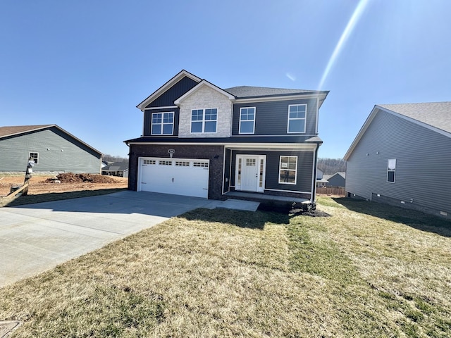 view of front of property with fence, a front yard, a garage, stone siding, and driveway