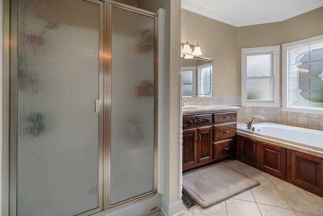 bathroom featuring vanity, ornamental molding, tile patterned flooring, and plus walk in shower