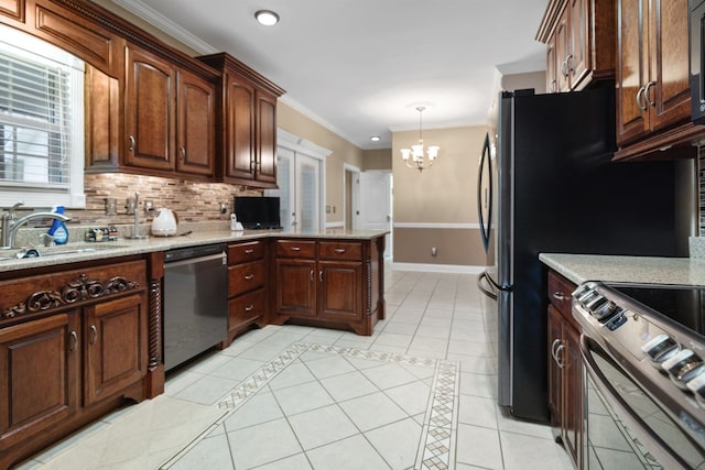 kitchen featuring stainless steel electric stove, dishwasher, sink, and crown molding