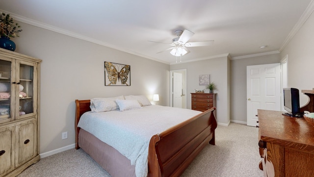 bedroom with ceiling fan, light carpet, and ornamental molding