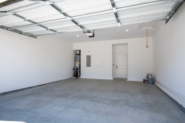 garage featuring a garage door opener, electric panel, and gas water heater