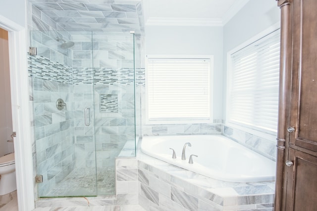 bathroom featuring toilet, crown molding, and independent shower and bath