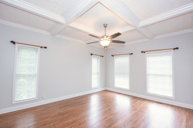 spare room with hardwood / wood-style floors, beam ceiling, ceiling fan, crown molding, and coffered ceiling