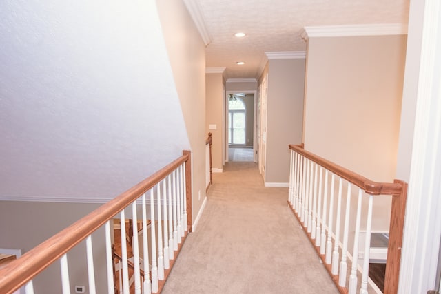 hall featuring crown molding, light carpet, and a textured ceiling