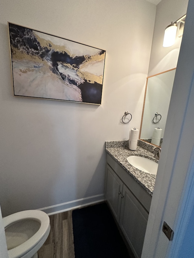 bathroom featuring vanity, toilet, and wood-type flooring