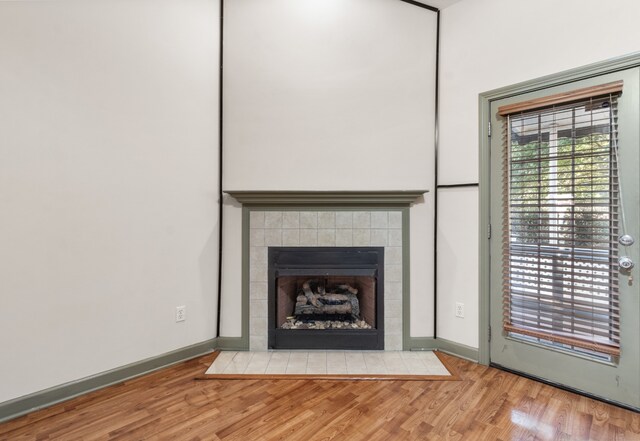 room details featuring a fireplace and wood-type flooring