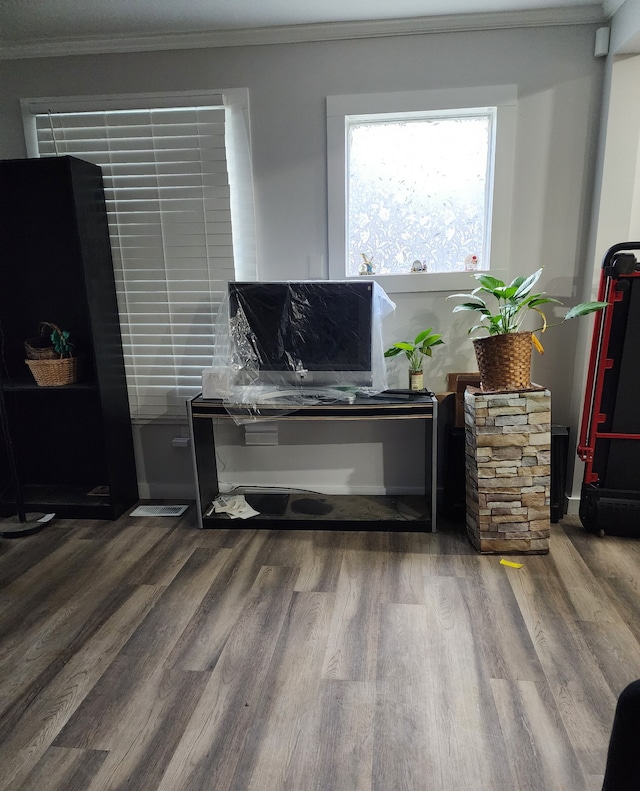 interior space featuring hardwood / wood-style floors and crown molding