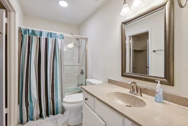 full bathroom with toilet, shower / bath combination with curtain, vanity, and tile patterned floors