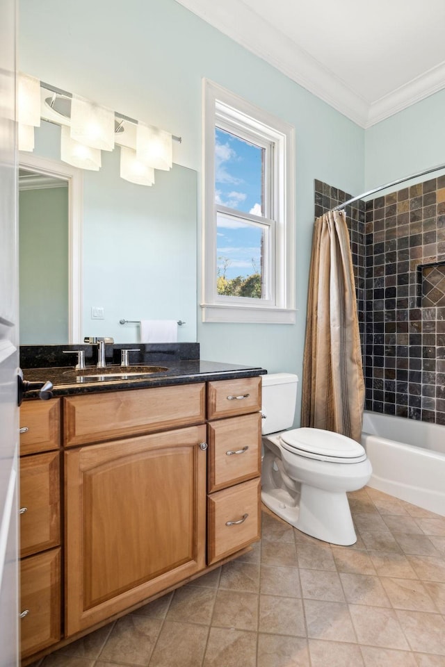 2971 Spanntown Rd, Arrington, TN 37014 - full bathroom featuring toilet, vanity, crown molding, shower / tub combo with curtain, and tile patterned floors