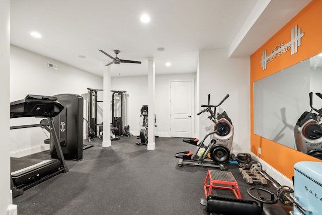 exercise room with ceiling fan