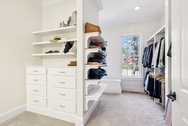 walk in closet with light carpet