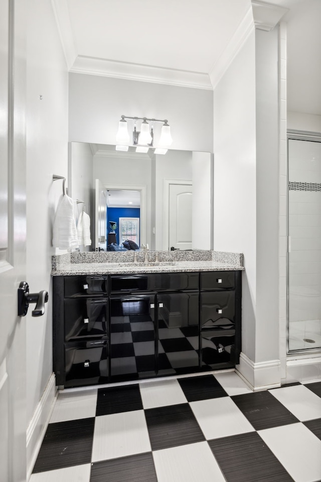 bathroom featuring crown molding, vanity, and a shower with shower door