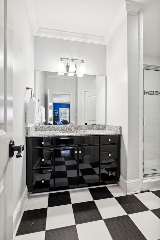 2971 Spanntown Rd, Arrington, TN 37014 - full bathroom with vanity, a shower stall, tile patterned floors, crown molding, and baseboards